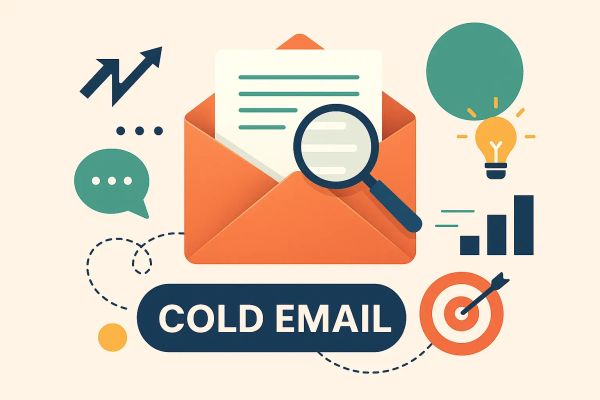 Editorial collage of email interface elements, message bubbles, and paper plane icon — representing high-performing cold email templates and outreach strategies in 2025