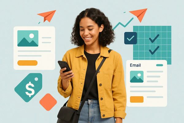 Editorial collage of a young woman with phone surrounded by email templates, pricing icons, and charts — representing Constant Contact alternatives in 2025