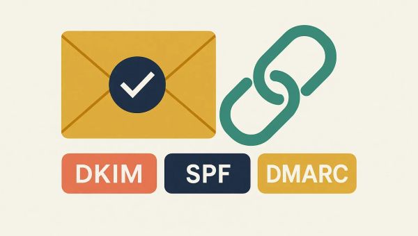 Editorial collage of an envelope with checkmark, chain link, and DKIM, SPF, DMARC tags — representing email authentication setup in 2025