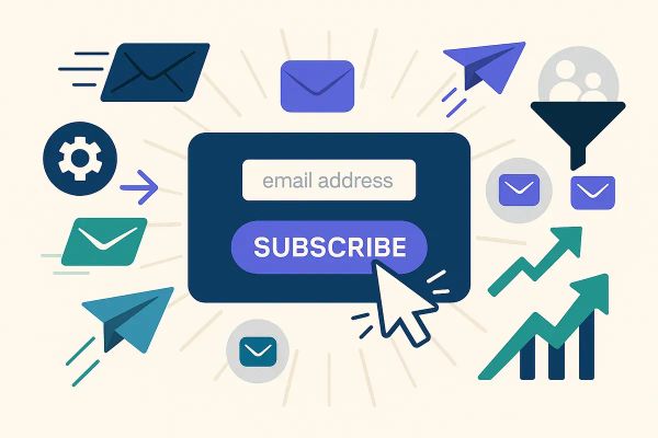 Editorial collage of a subscription form with envelopes, cursor click, paper planes, funnel, and growth arrows in navy, violet, and green — representing email list building strategies 2025