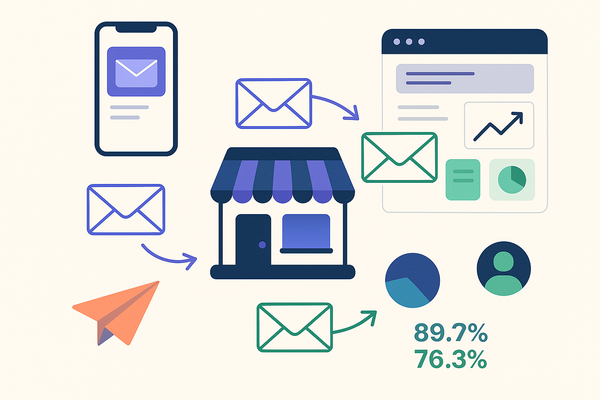 Editorial collage of a small storefront with envelopes, paper plane, mobile preview, and analytics icons — representing email marketing for small business real stories and tips