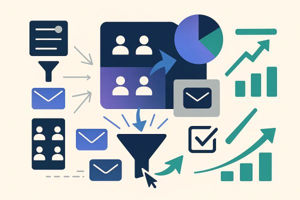 Editorial collage of segmented contact lists, funnels, pie charts, and growth arrows in navy, violet, and green — representing master email segmentation strategies 2025