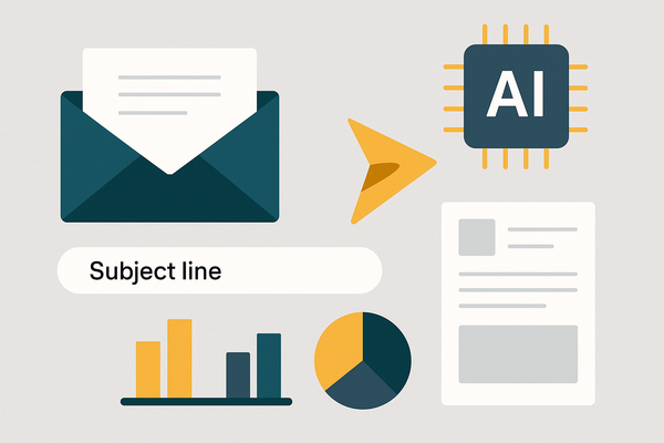 Editorial collage of AI, email icons, and analytics charts — representing best AI email marketing tools