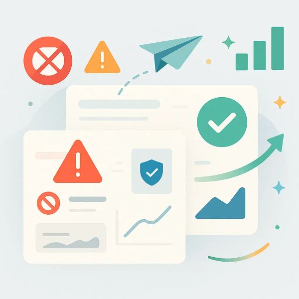 Editorial collage of email deliverability dashboards with warning and success indicators, paper planes, and progress arrows — representing email blacklist recovery