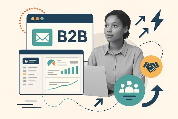 Editorial collage of email interface and business icons — representing B2B email marketing strategies for relationship building and lead generation