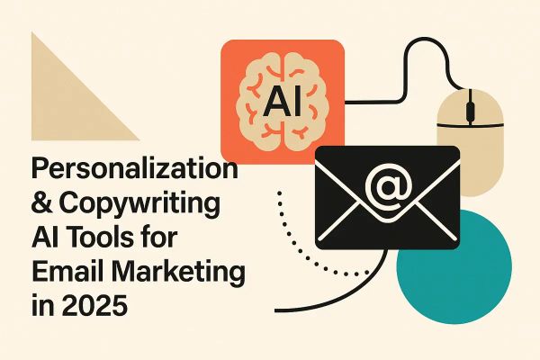 Editorial collage of AI icons, email envelope, and mouse on off-white background with coral, teal, and mustard shapes — representing AI personalisation and copywriting tools