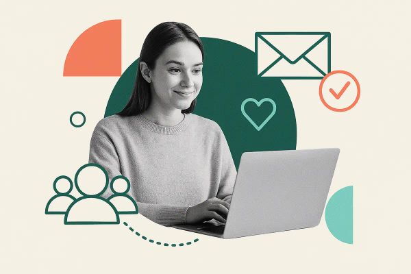 Editorial collage of a school staff member using a laptop with email, checklist, and community icons — representing free school newsletter template layouts