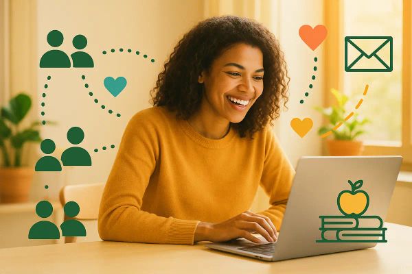School administrator happily sending newsletter to parents, surrounded by illustrated connection symbols