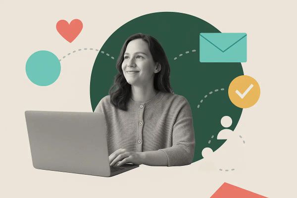 Editorial collage showing nonprofit professional finding the right email software solution