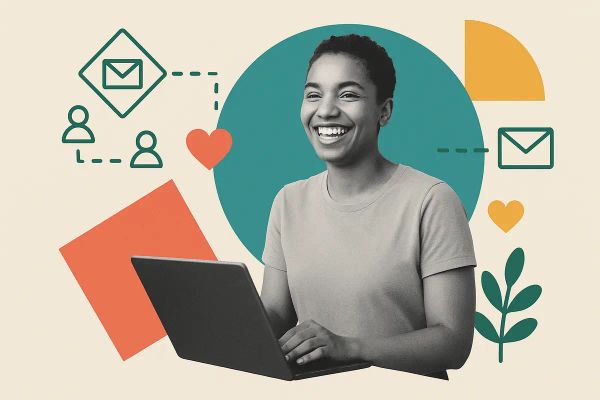Nonprofit staff member sending email updates to supporters, surrounded by illustrated connection icons