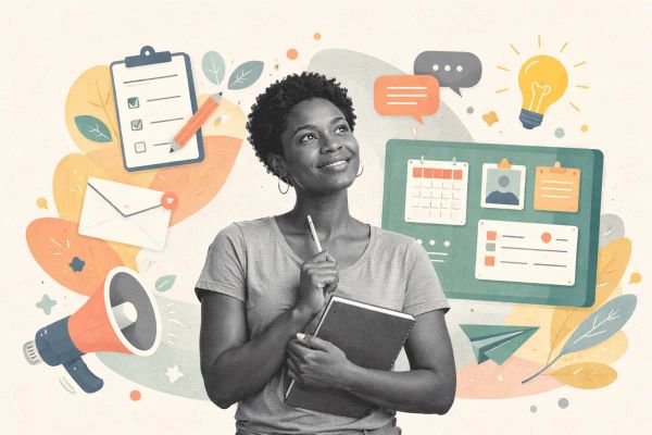 Editorial collage of a PTA organiser planning monthly school newsletter content with icons representing announcements, events, and community updates