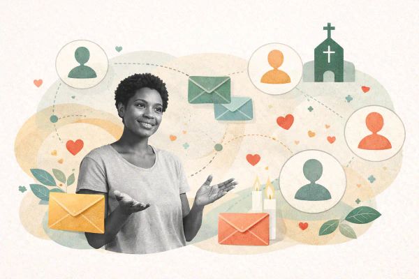 Editorial illustration showing community connection with email and messaging icons.