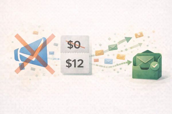 Editorial illustration showing a faded email platform icon with a crossed-out free price, indicating removal of a free pricing tier and a shift toward paid options
