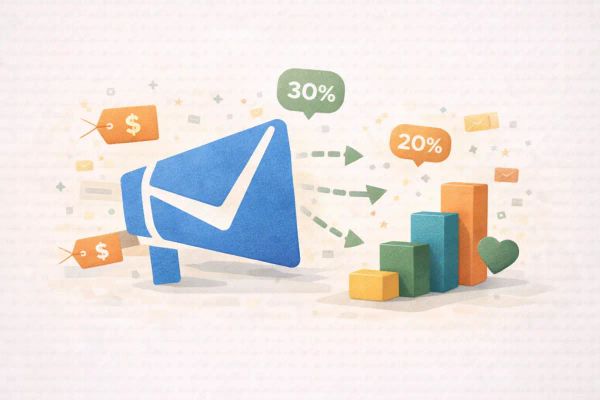 Editorial illustration showing a blue envelope surrounded by discount badges and tiered pricing blocks, representing nonprofit email pricing options
