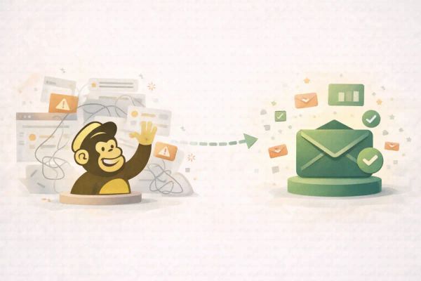 Editorial illustration showing migration from Mailchimp, with a chimp character leaving a complex interface and moving toward a simple green email inbox