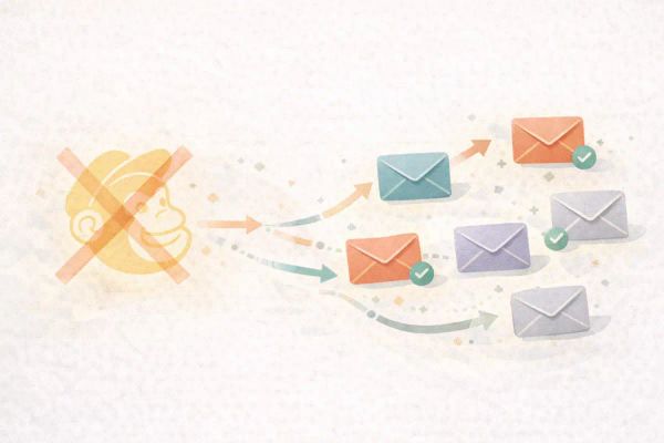 Editorial illustration showing a faded monkey icon crossed out on the left, with arrows leading to multiple colourful email envelopes representing alternative platforms