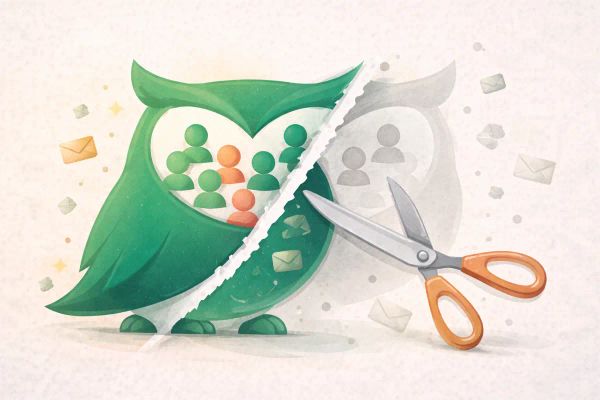 Editorial illustration of a stylised owl split diagonally, showing an email service free plan being reduced as subscriber icons disappear