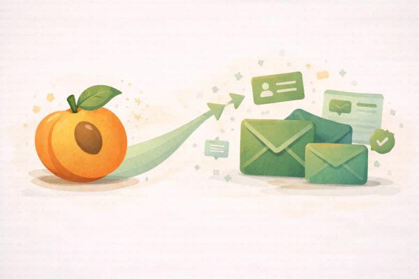 Editorial illustration showing a stylised apricot on the left with an arrow leading to green email envelopes, representing moving from Wild Apricot to alternative email tools