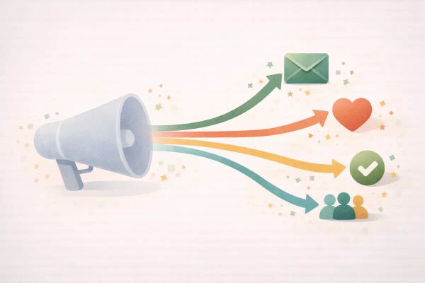 Editorial illustration showing a faded megaphone on the left with colourful paths branching toward envelope and community icons, representing alternatives to Constant Contact