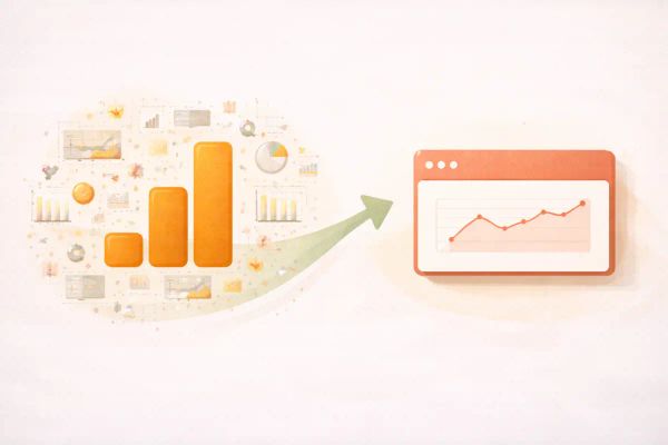 Editorial illustration showing a complex, cluttered analytics chart on the left transitioning to a clean, simple dashboard on the right, representing alternatives to Google Analytics