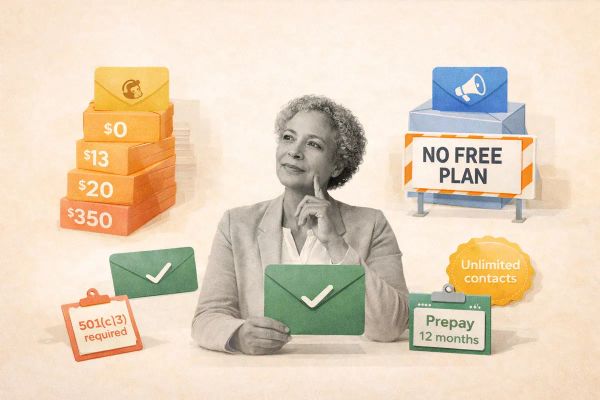 Editorial collage showing nonprofit leader comparing email tools, with rising Mailchimp pricing, Constant Contact no-free barrier, and simpler green email option highlighted