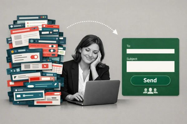 Editorial collage of professional woman using laptop with simplified email UI card and complex software stack — representing easier email marketing tools and simplified member communication.