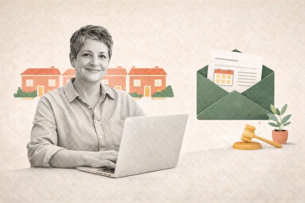 Editorial collage showing community volunteer creating a neighbourhood newsletter on a laptop, with housing, calendar, and association symbols representing simple HOA email communication