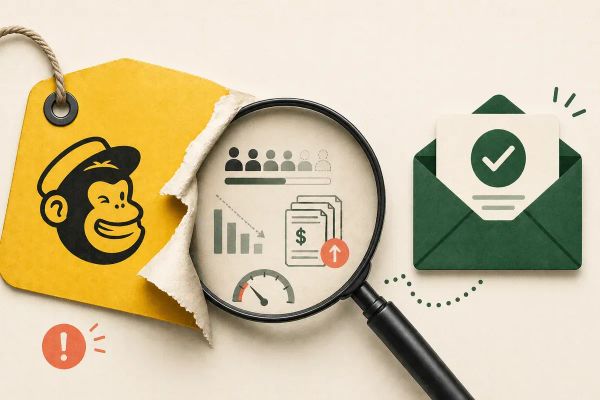 Editorial collage revealing hidden limits behind a free email plan, with magnifying glass uncovering constraints and a simple green email option representing a clearer alternative