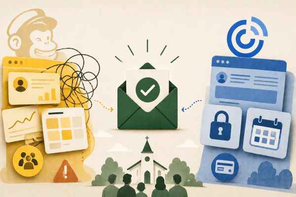 Editorial collage comparing Mailchimp, Constant Contact, and Groupmail email pricing for churches