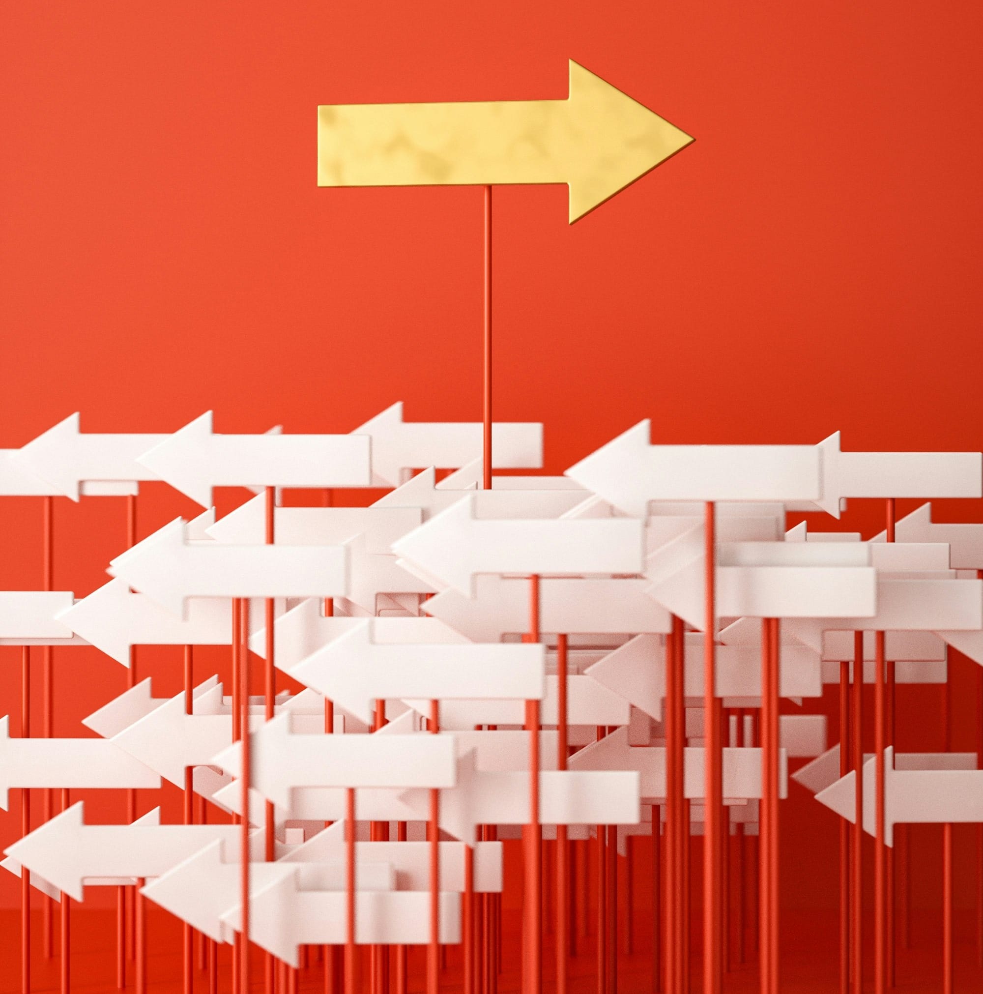 a red wall with a yellow arrow pointing in opposite directions