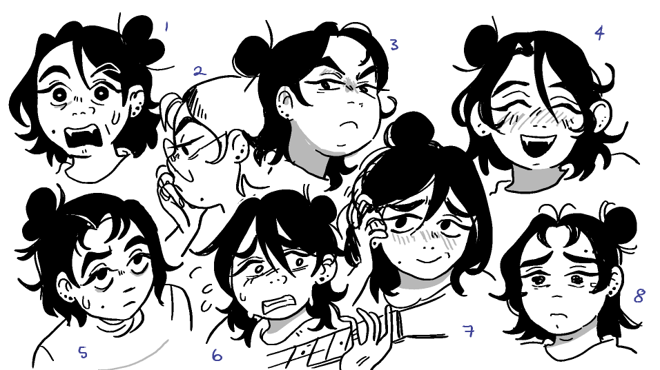 8 different facial expressions on a character with a round face, multiple ear studs, big eyes with winged liner, and jaw-length hair half-up in a messy bun