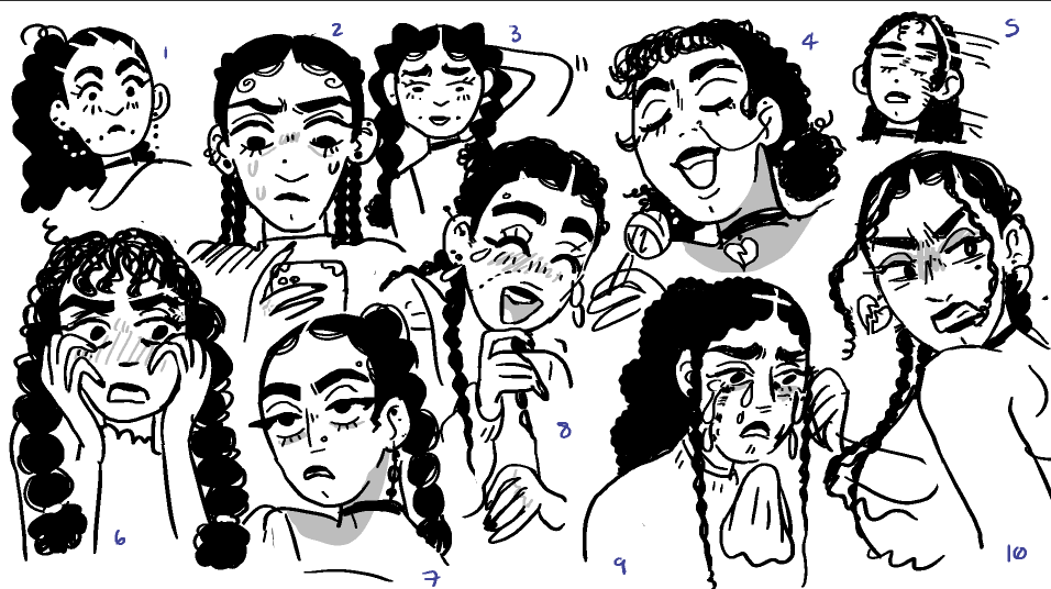 10 different facial expressions of a character with long, tightly-curled hair in different styles, like multiple braids or two ponytails.