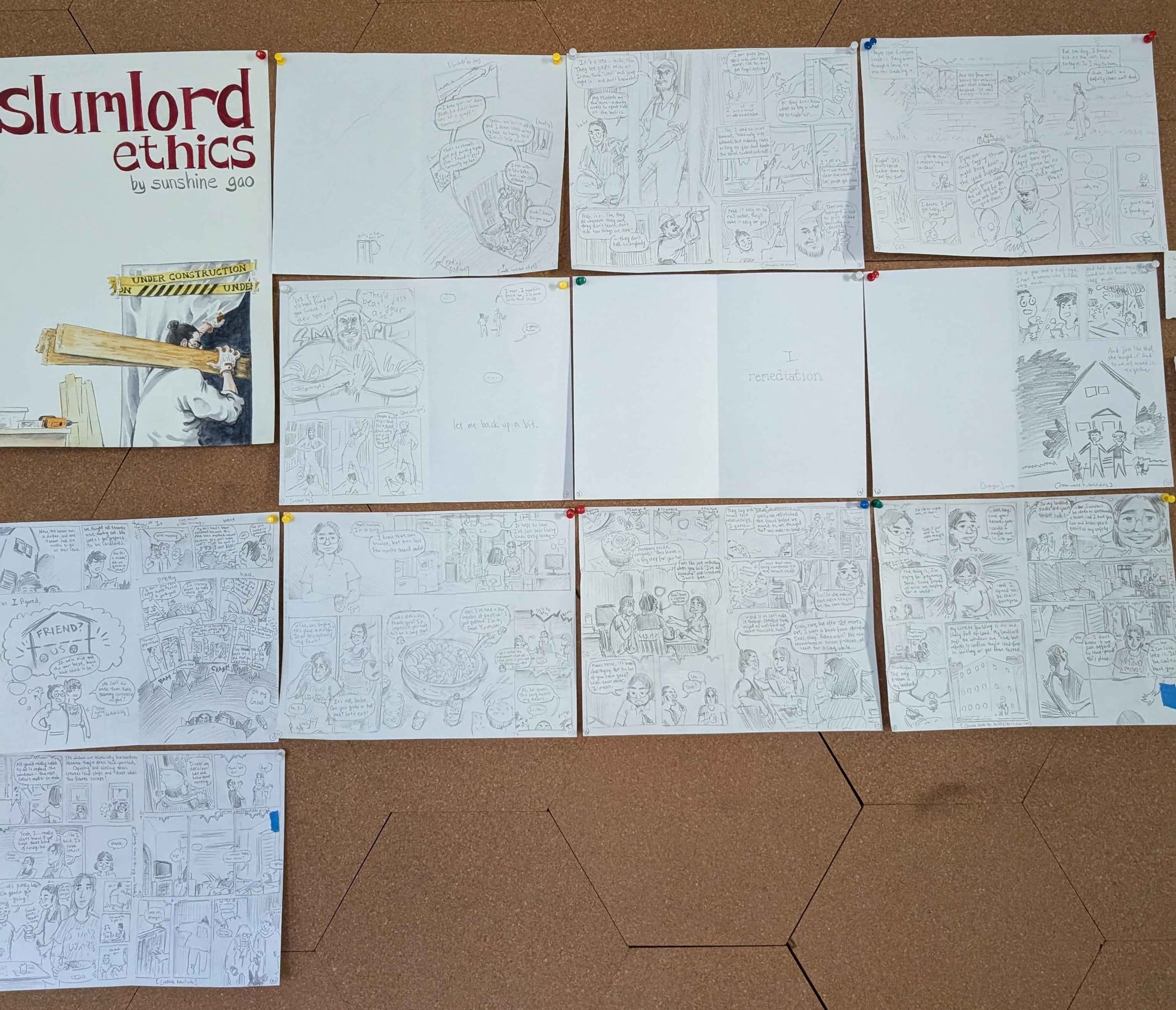 next to the cover for Slumlord Ethics by sunshine gao are a number of white sheets of paper with pencil illustrations showing the layouts for comics pages