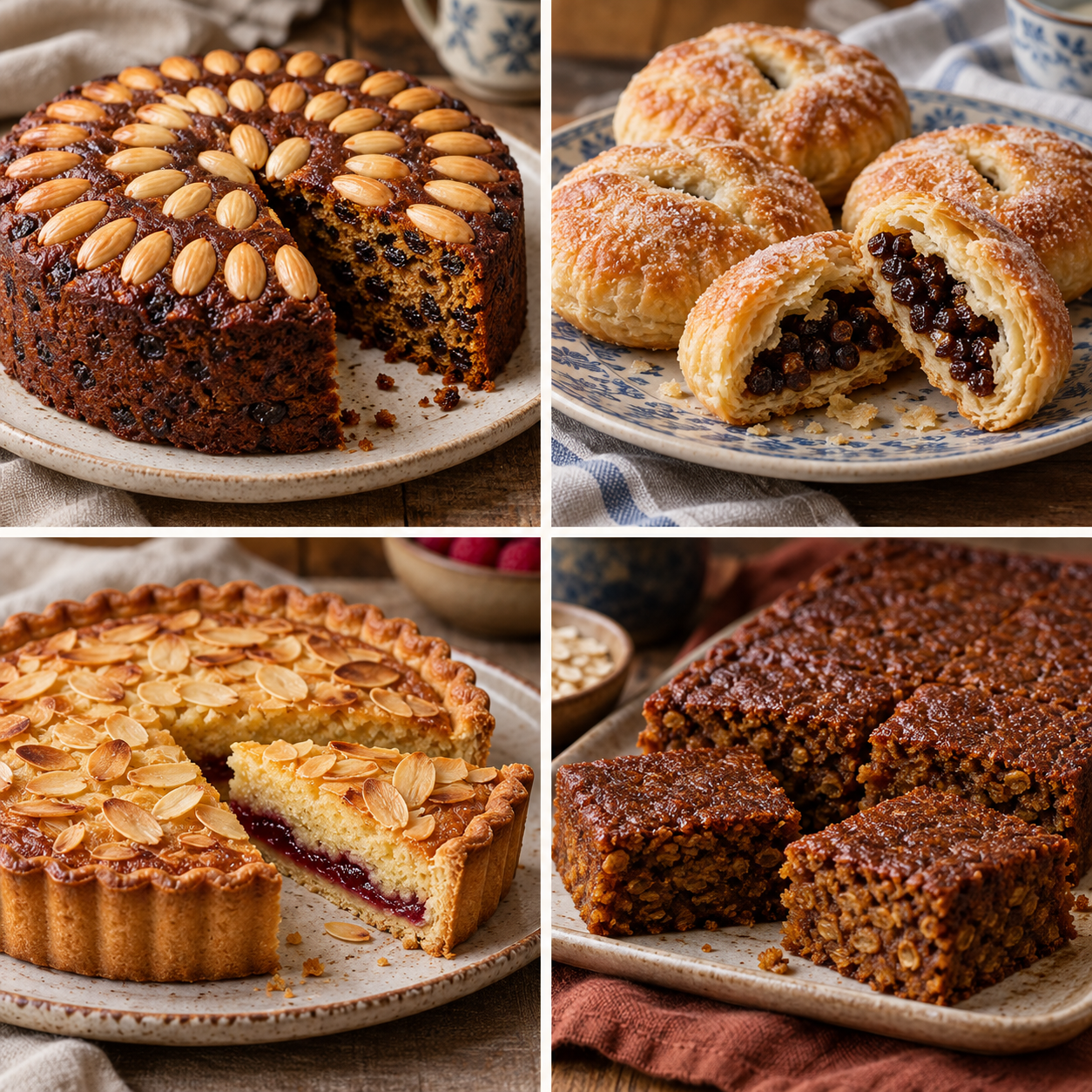 Four baking clues: almond fruit cake, currant pastries, almond tart and oatmeal ginger cake