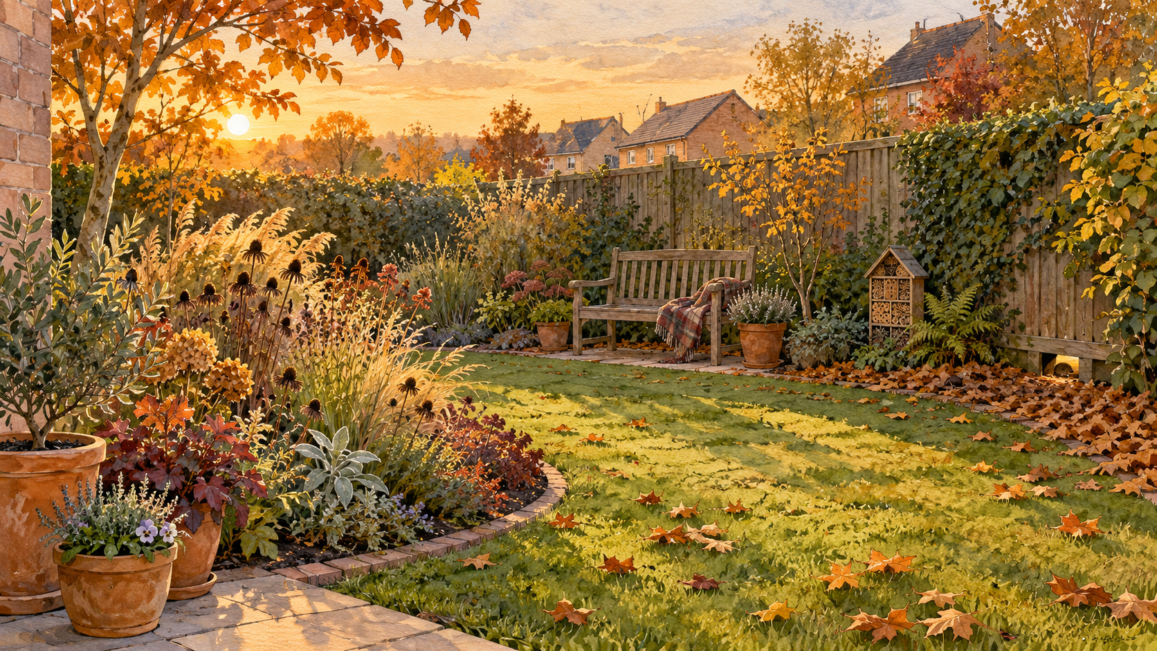 Illustration of an autumn garden with pots and a bench
