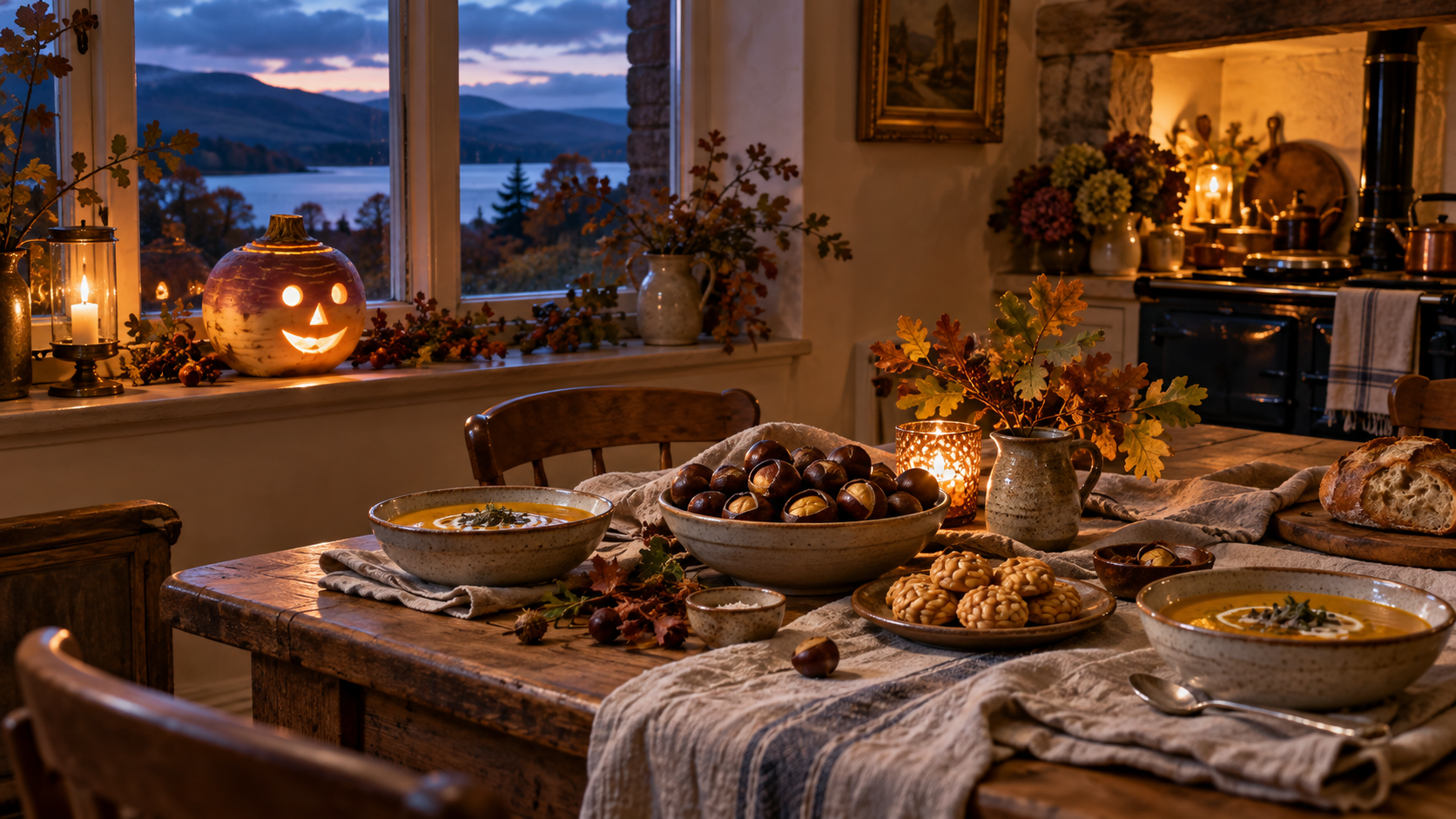 Illustration of a carved turnip lantern beside a European autumn supper