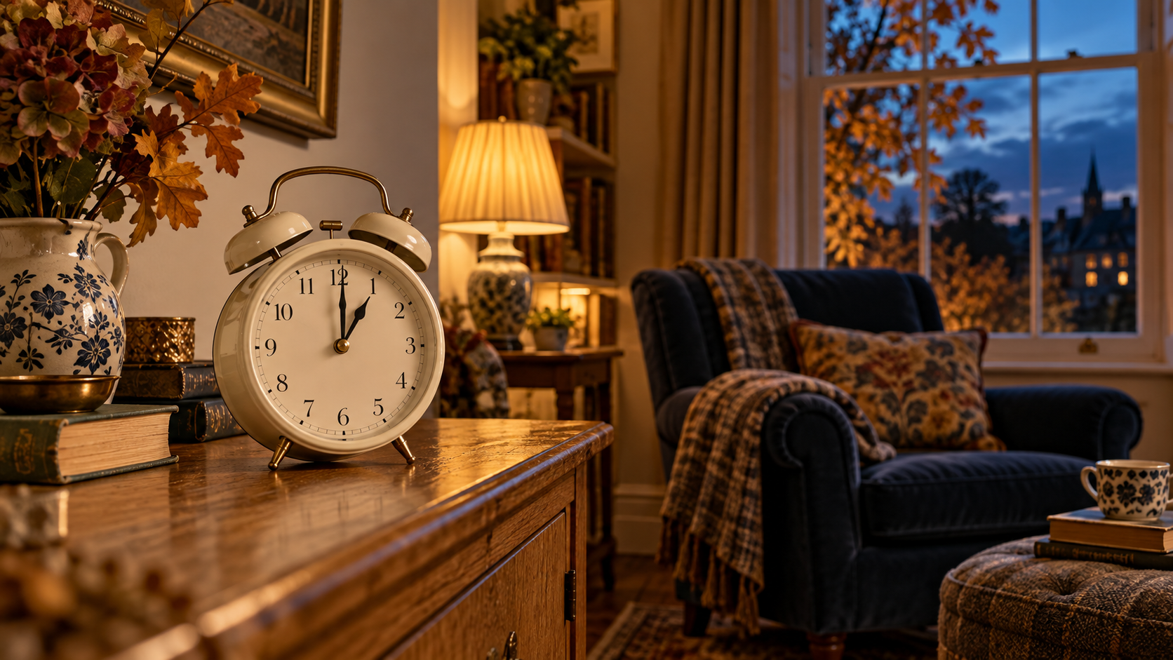 Illustration of an analogue clock in a warmly lit sitting room