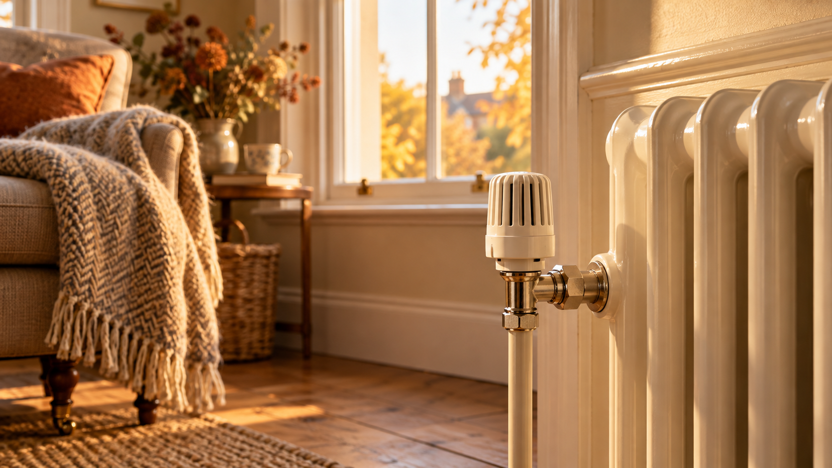 Illustration of a radiator valve and wool throw in an autumn sitting room