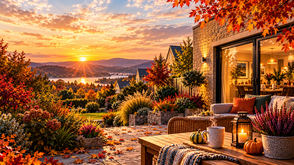Illustration of a warmly lit stone home and autumn patio overlooking hills at sunset.