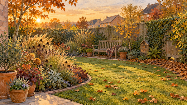 Illustration of a small autumn garden with a lawn, seedheads, terracotta pots, wooden bench, insect hotel and a gap beneath the boundary fence.