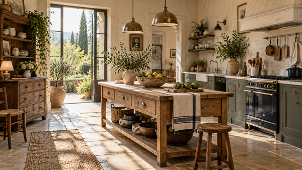 Illustrative European kitchen with a freestanding oak worktable, separate dresser and warm garden light.