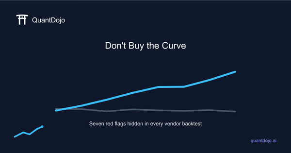 A strategy vendor backtest equity curve annotated with red-flag warning markers revealing overfitting signs