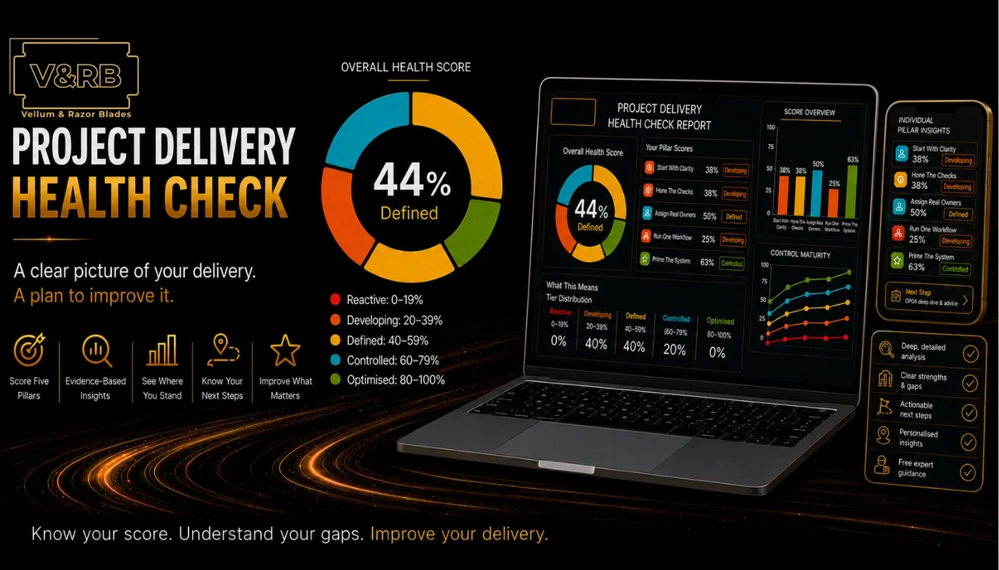 Project Delivery Health Check landscape infographic: V&RB Project Delivery Health Check, overall 44% Defined score, report on laptop and phone, pillar scores and control maturity charts, and the line Know your score. Understand your gaps. Improve your delivery.