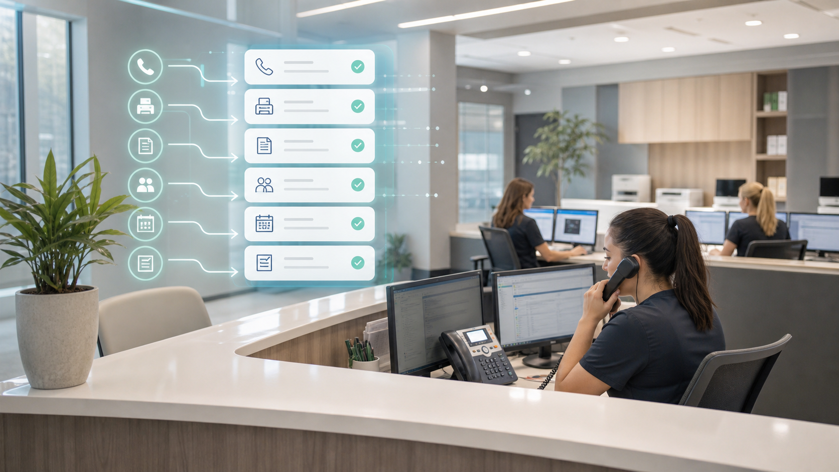 Modern medical office AI automation workflow illustration