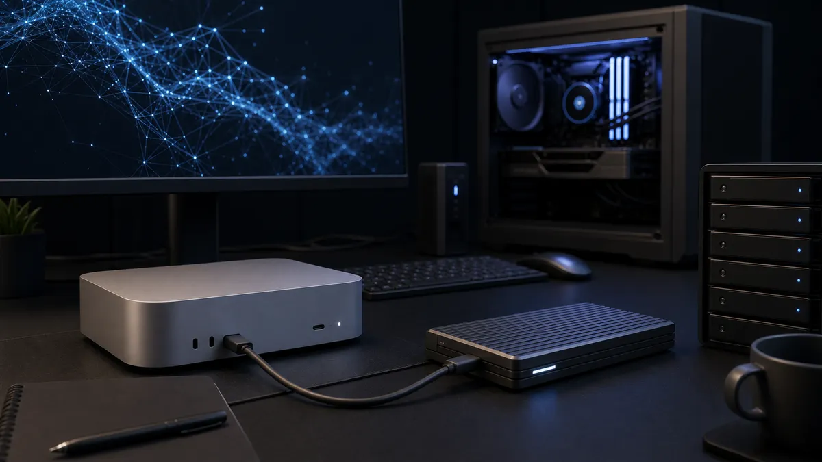 Unbranded local AI desk with a Mac mini-style computer, external SSD, GPU workstation, and storage array