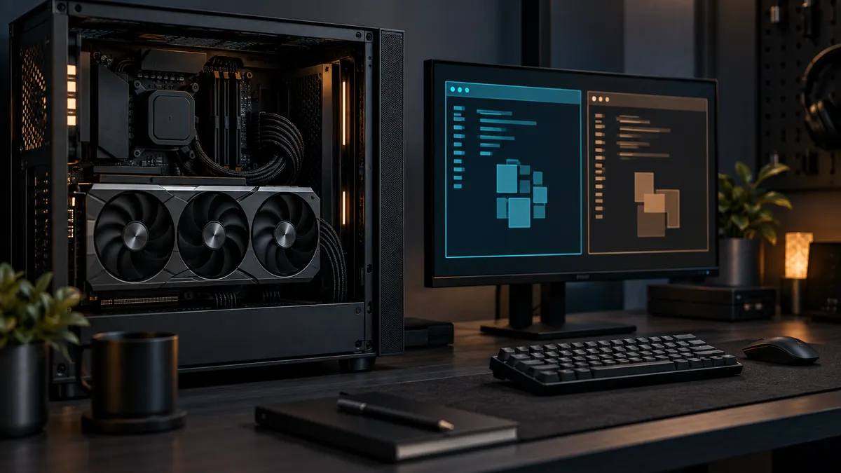 Open local AI workstation beside abstract split terminal panes.