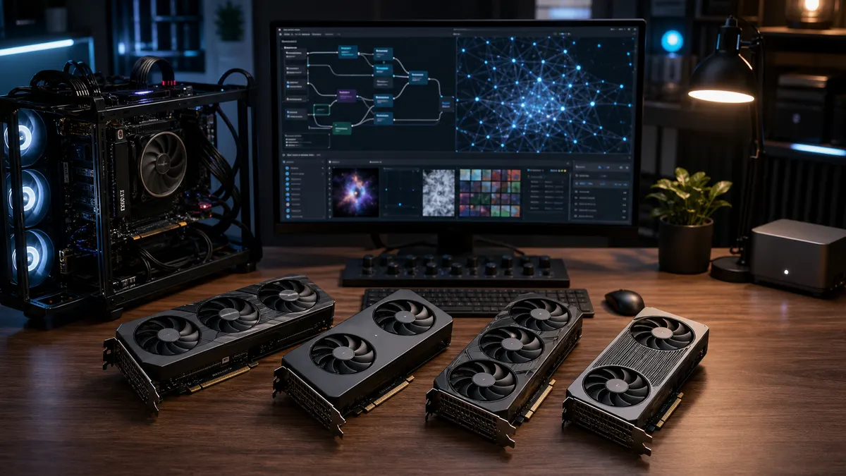 Editorial illustration of several graphics cards on a local AI workstation desk