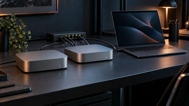 Two compact desktop computers and a laptop wired through a small switch for a local AI cluster