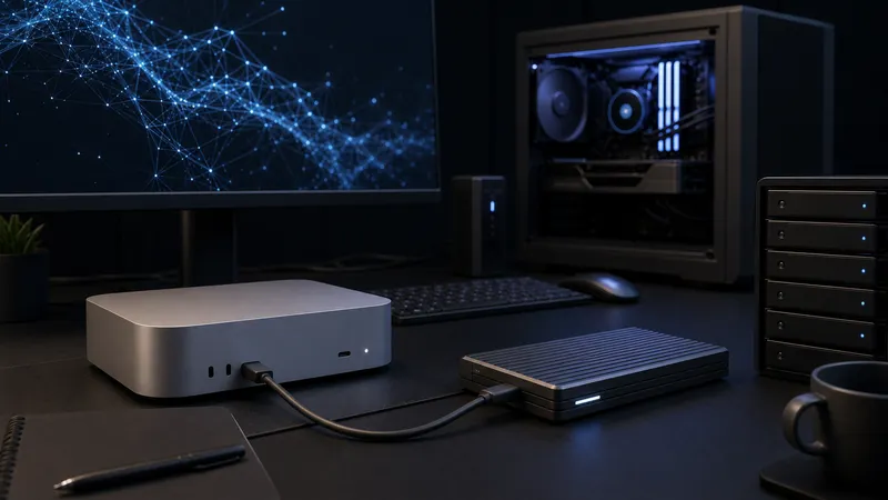 Unbranded local AI desk with a Mac mini-style computer, external SSD, GPU workstation, and storage array