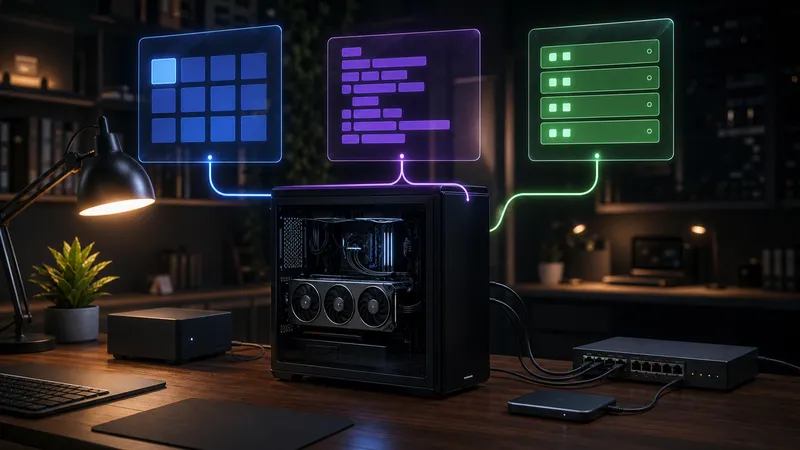 Editorial illustration of a local AI workstation connected to Windows, WSL, and Linux workflow panels